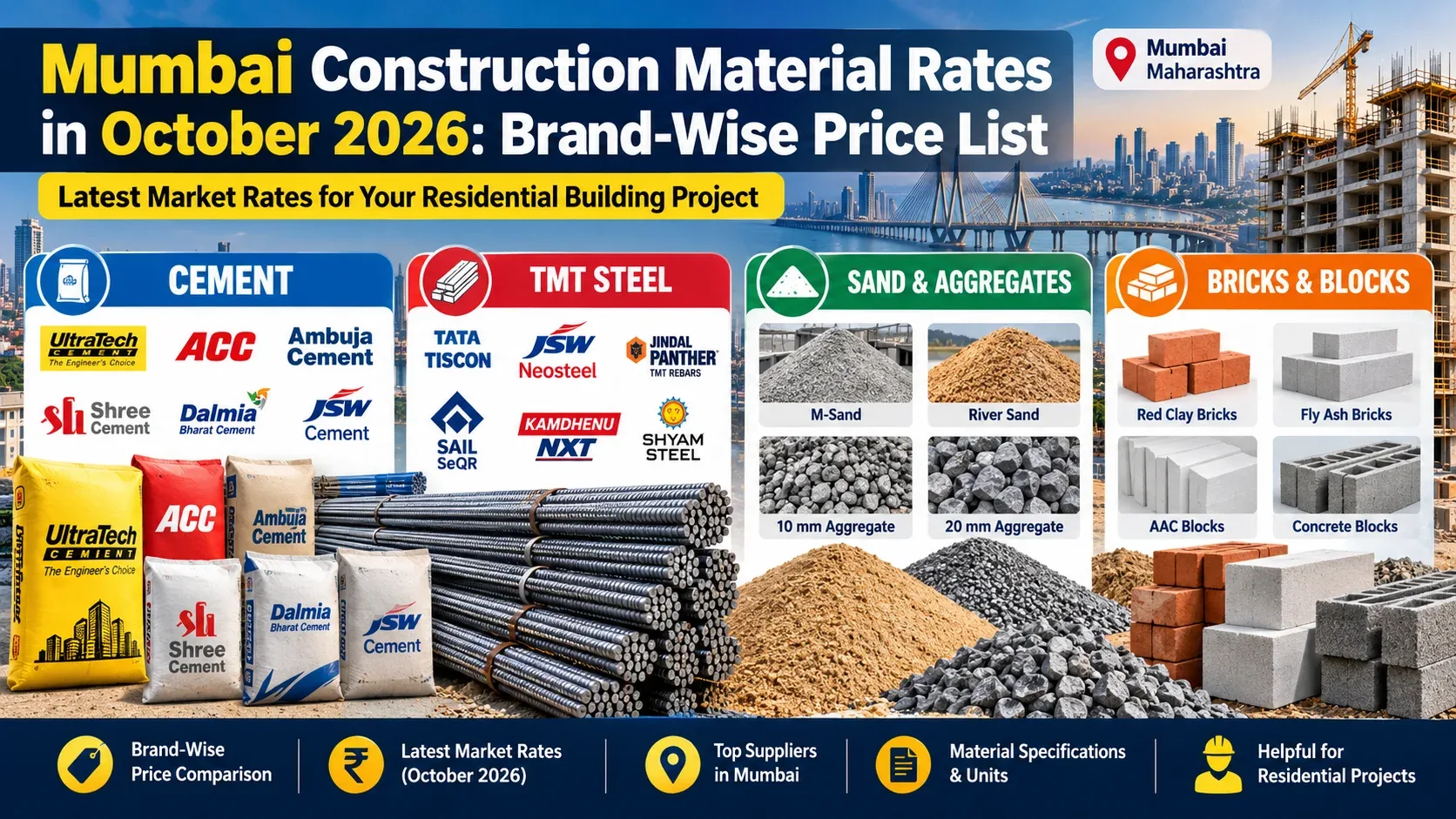 Mumbai Construction Material Rates in October 2026: Brand-Wise Price List
